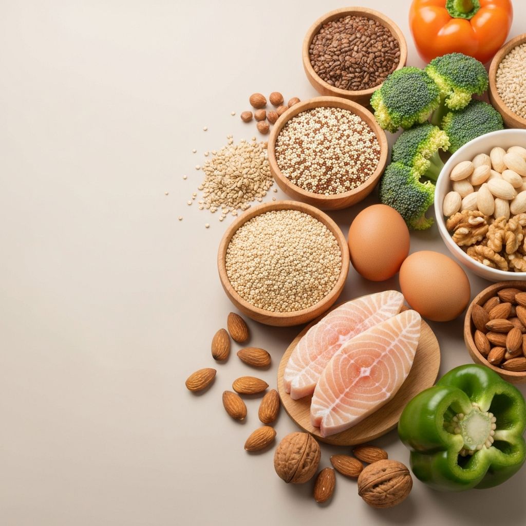 Various balanced nutrition foods including grains, proteins, vegetables, and nuts