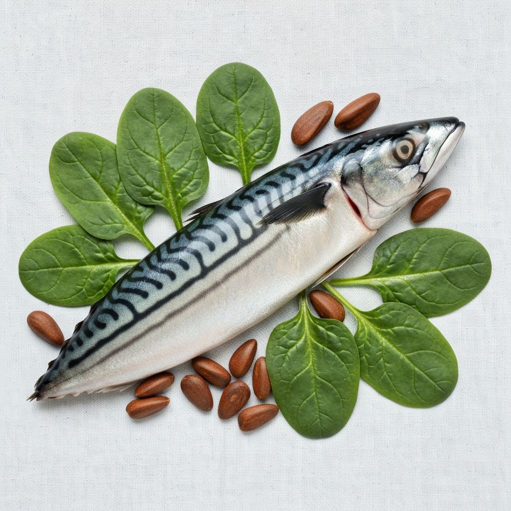 Natural nutrient sources - mackerel, cedar nuts, and spinach on light background